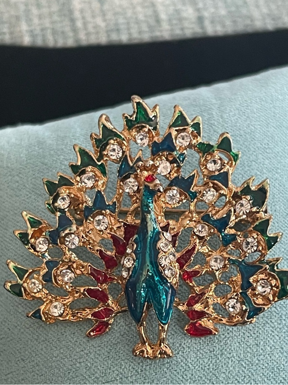 Vintage-Inspired Peacock Brooch Pin in Teal, Green & Red - Unbranded
